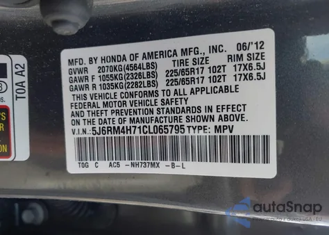 2012 Honda Cr-V Ex-L z USA, uszkodzony, nr VIN 5J6RM4H71CL065795